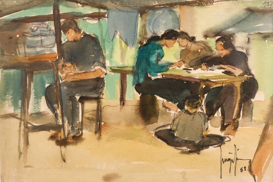 Bức ký họa cảnh học tập thời chiến năm 1966