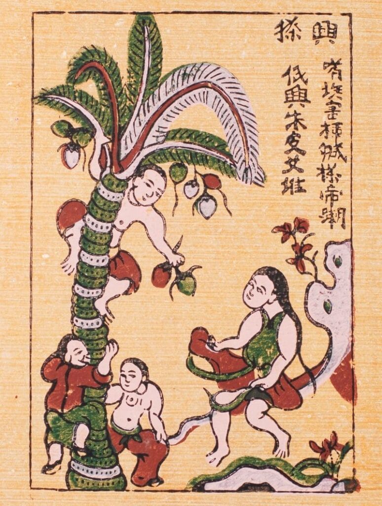 Tranh Đông Hồ Hứng Dừa bản gốc