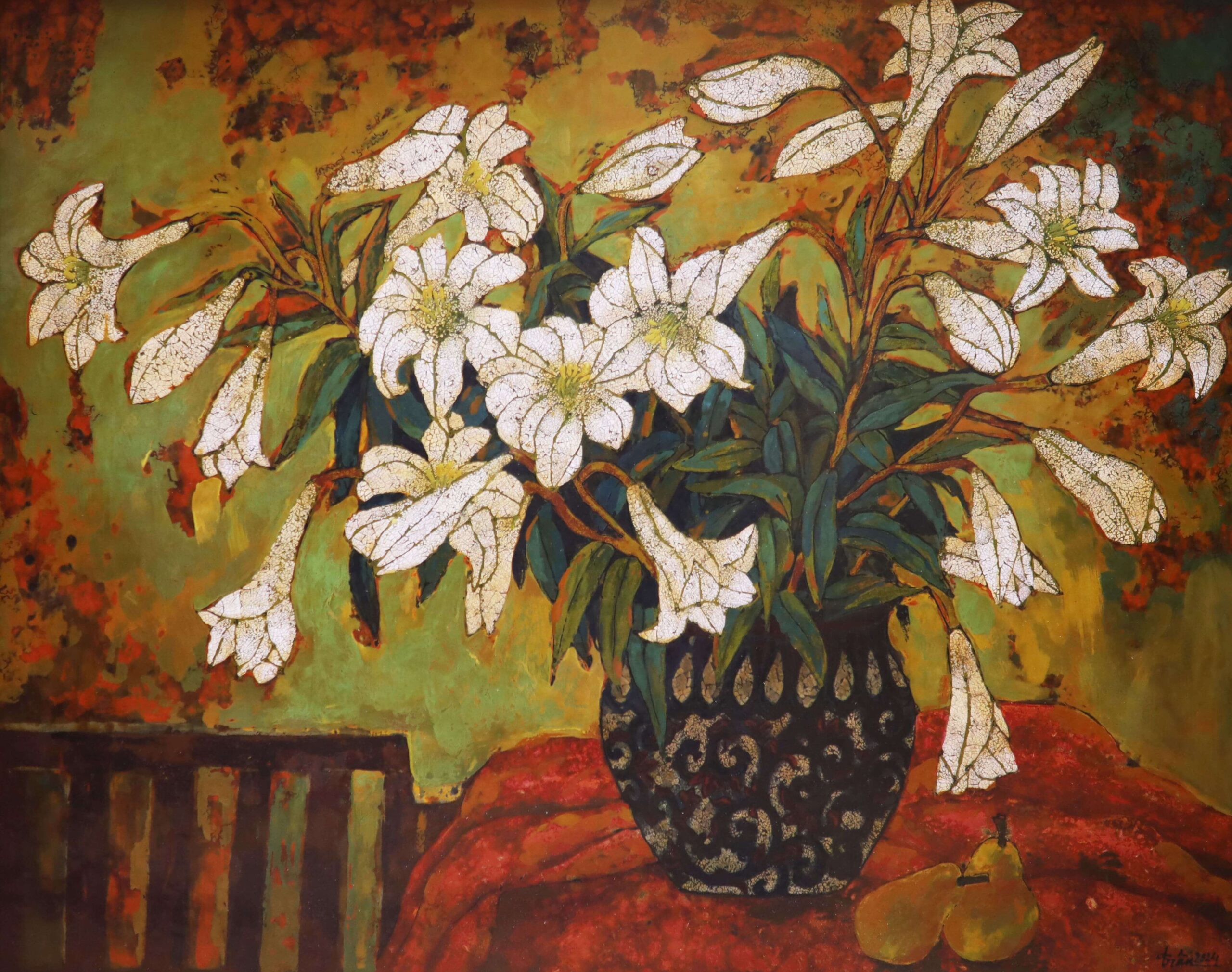 Fragrant Flowers on the Table - Lacquer painting by artist Nguyen Bao Tran